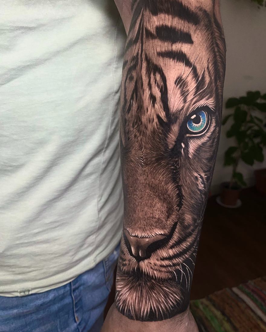 Tatuaje realismo black and grey tigre con detalle de color en el ojo